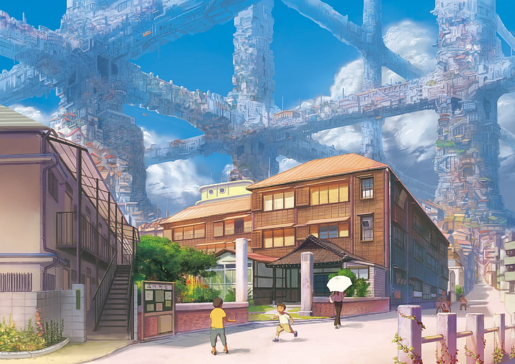 Illustrazione della casa di cemento marrone a 3 piani, ombrello, bambini, nuvole, futuristico, Sfondo HD