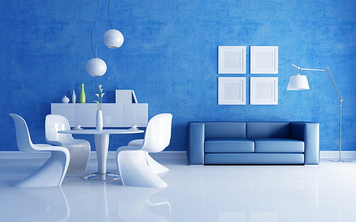 Sala de estar azul y blanca, casa, sala, sofá, mesa, sillas, Fondo de pantalla HD