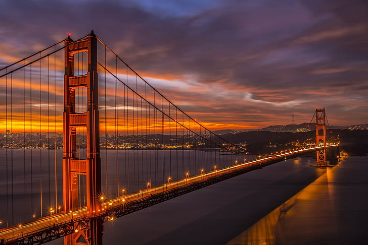كاليفورنيا ، جسر سان فرانسيسكو ، جسر البوابة الذهبية في مدينة نيويورك ، كاليفورنيا ، جسر سان فرانسيسكو ، البوابة الذهبية ، المساء ، الغسق ، الأضواء، خلفية HD