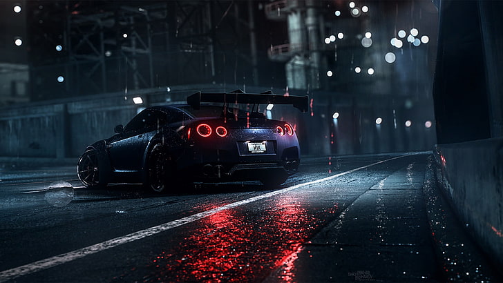 fond d'écran de voiture de sport bleue, sombre, nuit, pluie, voiture, Nissan, Nissan GT-R, Need for Speed, Need for Speed ​​2016, Fond d'écran HD
