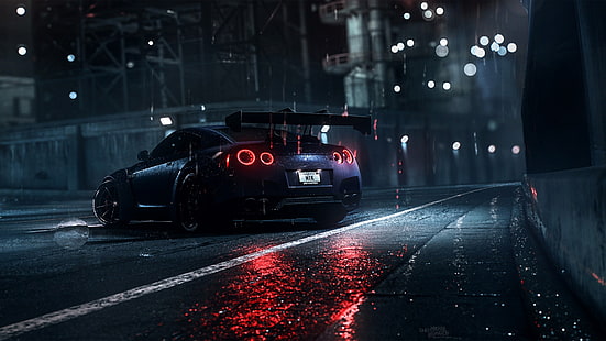 tapeta niebieskiego samochodu sportowego, ciemność, noc, deszcz, samochód, Nissan, Nissan GT-R, Need for Speed, Need for Speed ​​2016, Tapety HD HD wallpaper