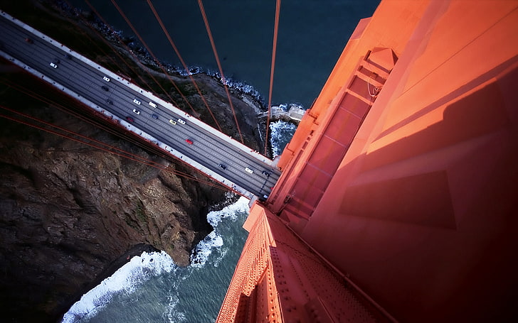 rote Betonbrücke, Brücke, Ansicht, Höhe, Autos, HD-Hintergrundbild