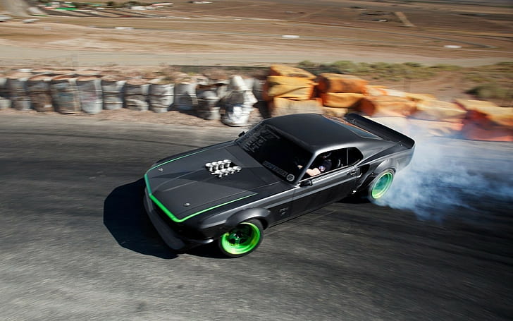 czarne coupe, drift, muscle cars, Ford Mustang, Tapety HD