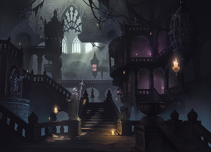 ilustracja wnętrza zamku, anime, zamek, schody, Tapety HD