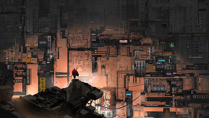 дигитален тапет на градския силует, анимиран човек, носещ червена пелерина, стояща на сградата през нощта, киберпънк, градски пейзаж, японски, футуристичен, HD тапет