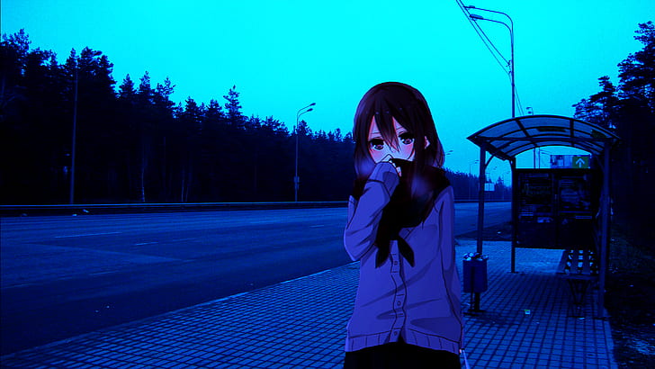 аниме, anime_irl, аниме девушки, автобусная остановка, холодно, пусто, Россия, HD обои
