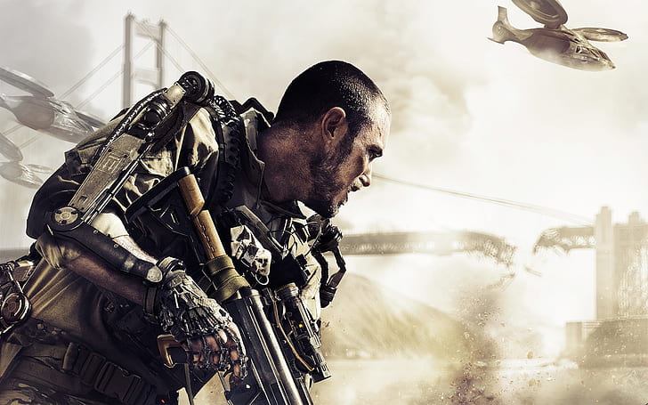 Call of Duty: Advanced Warfare 2014 ، ذكر في بدلة الجيش الأسود يحمل رسومات بندقية أحادية الحركة ، متقدم ، Warfare ، 2014 ، COD، خلفية HD