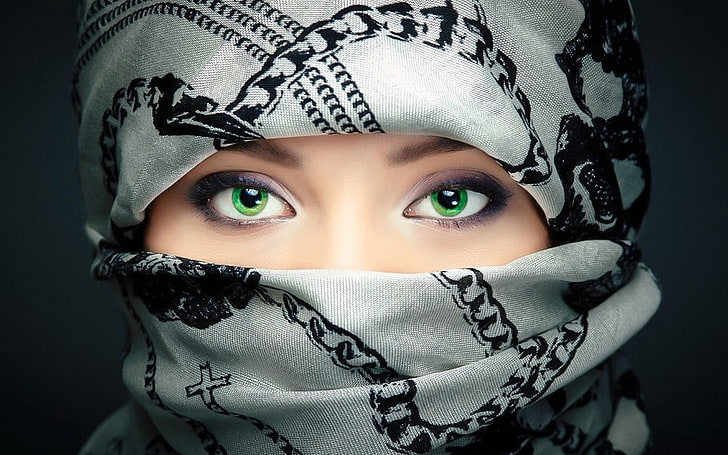 niqab bianco e nero, occhi verdi, celebrità, occhi, primo piano, Sfondo HD