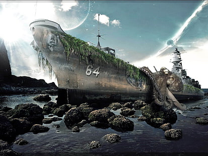 ośmiornica na statku tapeta cyfrowa, statek, woda, ośmiornica, USS Wisconsin (BB-64), wojsko, fantasy art, Tapety HD HD wallpaper