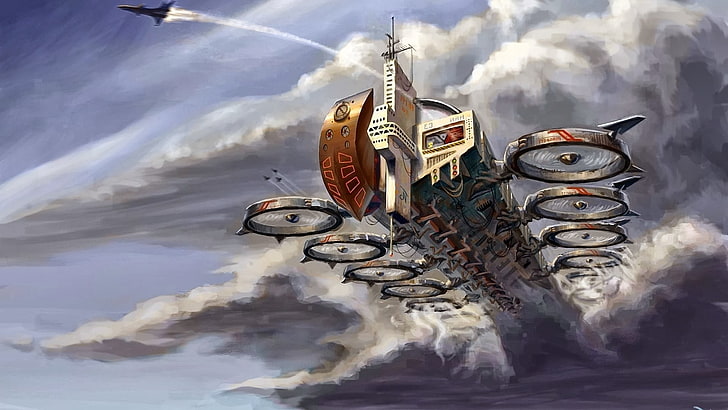 portaerei aereo volante, opera d'arte, cielo, hovercraft, esercito, fantascienza, Sfondo HD