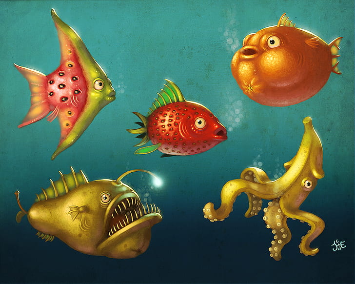 fish, underwater, water, food, fruit, strawberries, orange (fruit), bananas, watermelons, pears, Anglerfish, squids, animals, HD wallpaper