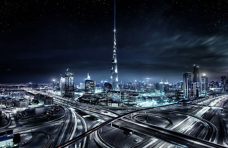 Paisaje urbano, rascacielos, Dubai, Emiratos Árabes Unidos, noche, luces, paisaje de la ciudad durante la noche, paisaje urbano, rascacielos, Dubai, Emiratos Árabes Unidos, noche, luces, Fondo de pantalla HD