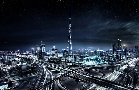 Paisaje urbano, rascacielos, Dubai, Emiratos Árabes Unidos, noche, luces, paisaje de la ciudad durante la noche, paisaje urbano, rascacielos, Dubai, Emiratos Árabes Unidos, noche, luces, Fondo de pantalla HD HD wallpaper