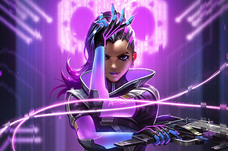 персонаж женского аниме в пурпурно-черном костюме с цифровыми обоями в виде пистолета, Overwatch, Sombra (Overwatch), Blizzard Entertainment, видеоигры, HD обои