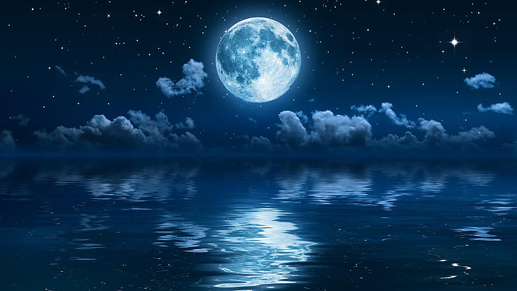 полная луна, звёзды, море, небо, ночь, ночное небо, луна, HD обои