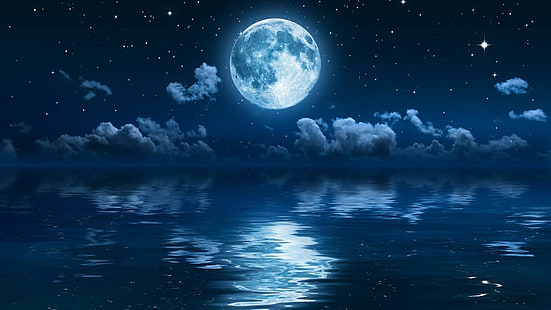 пълнолуние, звезди, море, небе, нощ, нощно небе, луна, HD тапет HD wallpaper