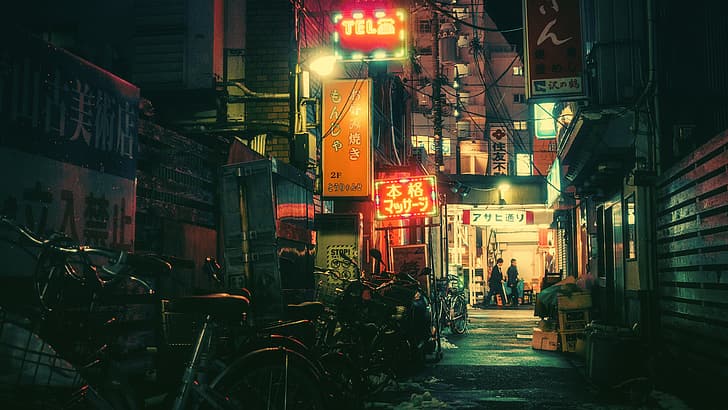 Tokio, noche, fotografía, bicicleta, callejón, letrero de neón, gente, Japón, Fondo de pantalla HD