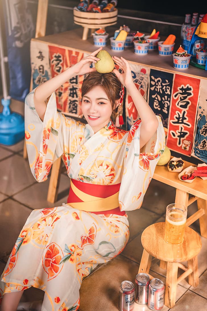 Asian, women, model, food, fruit, traditional clothing, sitting, smiling, looking at viewer, beer, can, HD wallpaper