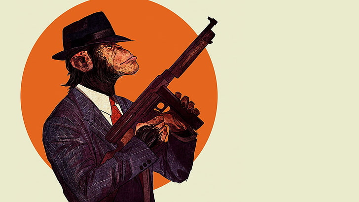 маймуна, държаща пушка илюстрация, шимпанзета, пистолет, пистолет Томи, HD тапет