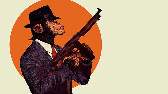 monkey holding rifle illustration, chimpanzees, gun, tommy gun, HD wallpaper HD wallpaper