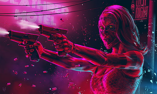 Science-Fiction, Cyberpunk, Cyborg, Neon, Pistole, Frau, HD-Hintergrundbild HD wallpaper