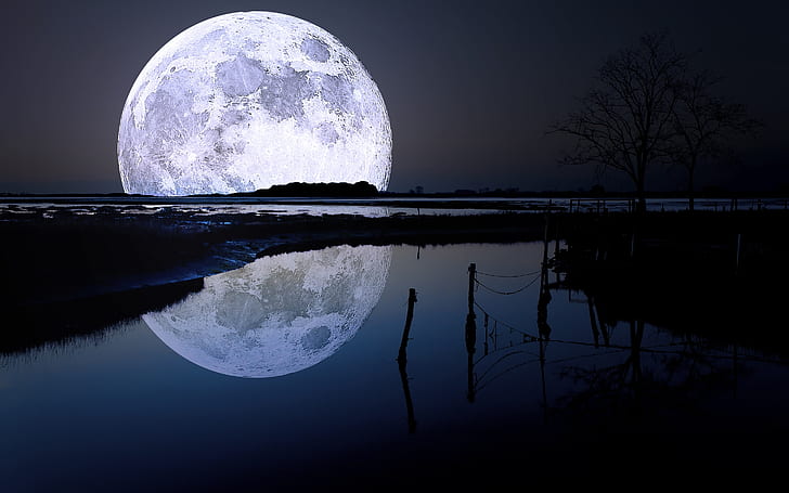 การสะท้อนของดวงจันทร์, ทิวทัศน์ยามค่ำคืน, พื้นหลัง, ทะเลสาบ, วอลล์เปเปอร์ HD