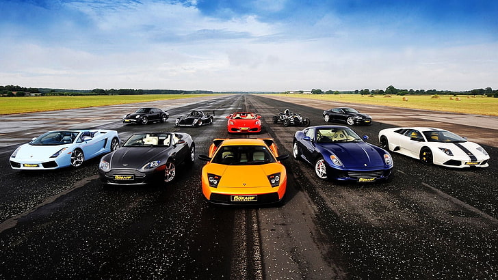 różne kolorowe super samochody, samochód, Lamborghini, Aston Martin, Ferrari, Porsche, Tapety HD