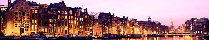 photo panoramique des bâtiments bruns, canal, rue, ville, lumières, soirée, maison, arbres, bateau, tour, hollande, Pays-Bas, panorama, Europe, Fond d'écran HD