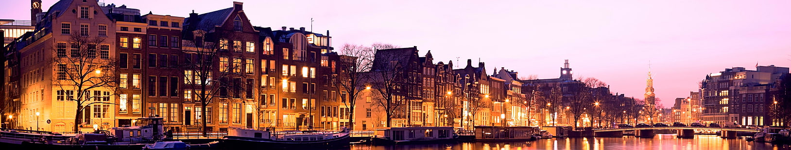 panoramic photo of brown buildings, canal, street, city, lights, evening, house, trees, boat, tower, holland, Netherlands, panorama, Europe, HD wallpaper HD wallpaper