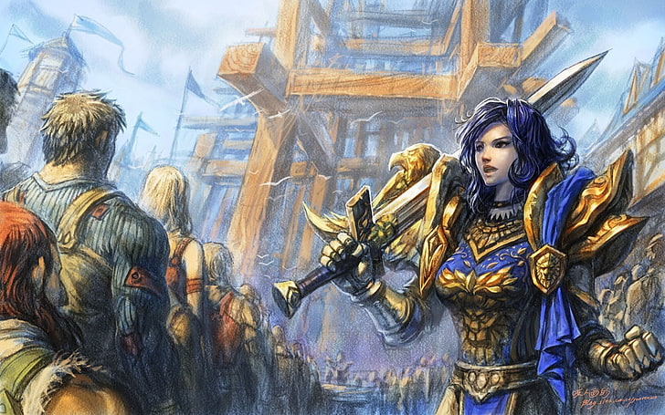 dibujo de guerrera de pelo azul, World of Warcraft, Yaorenwo, chica de fantasía, videojuegos, Fondo de pantalla HD