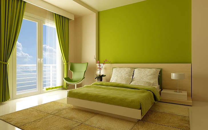 تصميم، أسلوب، غرفة، سرير، داخلي، كرسي، نافذة، أخضر، شقة، خلفية HD