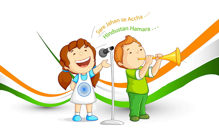 Unabhängigkeitstag-Karikatur, Junge, der das Horn und Mädchen singen digitale Tapete, Festivals / Feiertage, Unabhängigkeitstag, Festival, Karikatur, Feiertag, 2016 spielt, HD-Hintergrundbild