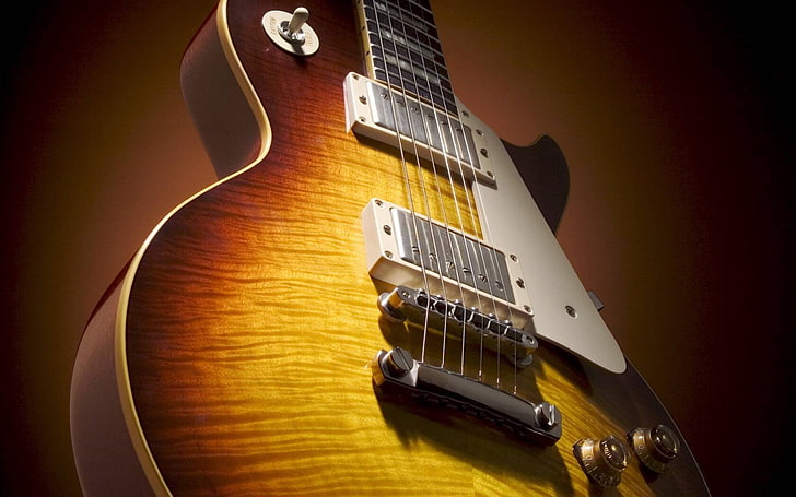 brown and yellow electric guitar, Gibson, guitar, HD wallpaper