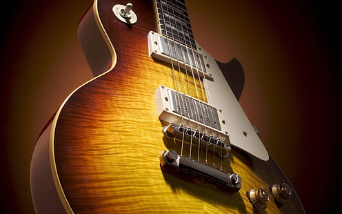 茶色と黄色のエレクトリックギター、ギブソン、ギター、 HDデスクトップの壁紙 HD wallpaper