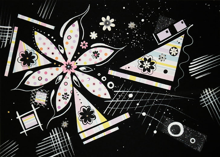 ilustracja różowy kwiat, linia, kwiaty, abstrakcja, wzory, trójkąty, samolot, czarne tło, kreskowanie, Tapety HD