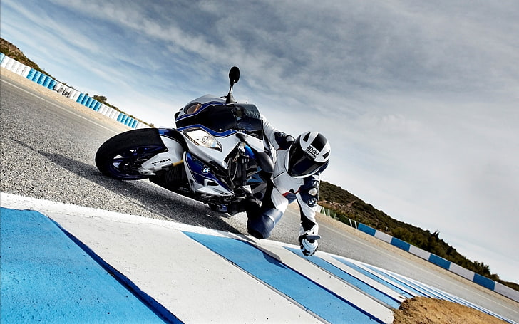 BMW HP4 2013, biało-niebieski rower sportowy, Motocykle, BMW, 2013, Tapety HD