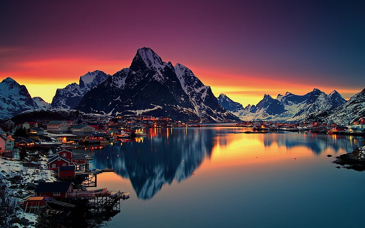 Лофотенские острова, Лофотенские острова, горы, природа, Норвегия, отражение, Рейне, море, снег, закат, вода, зима, HD обои