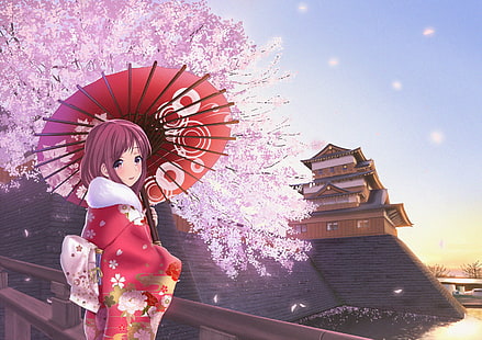 anime meninas, quimono, guarda-chuva, HD papel de parede HD wallpaper