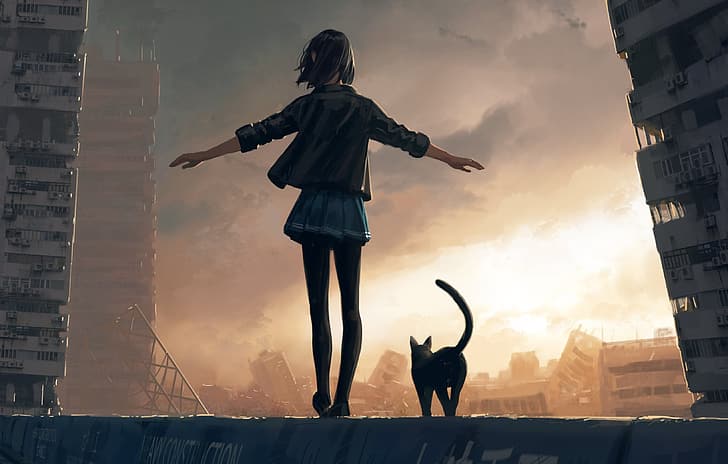 anime, gadis anime, karakter asli, kucing, GUWEIZ, Wallpaper HD