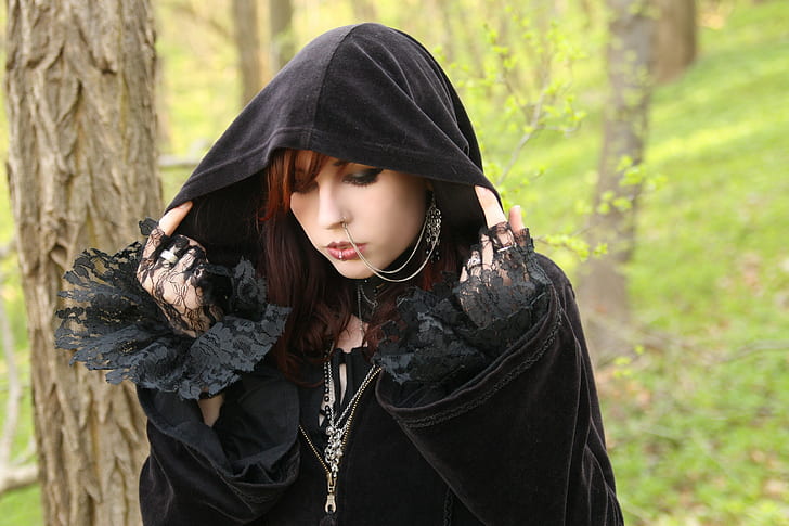 Girl, Hood, Piercing, Subculture, Gothic, Wallpaper HD