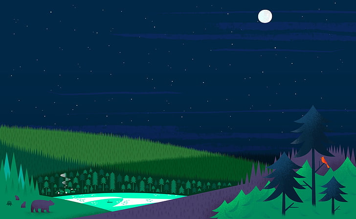 pinheiros sob ilustração de lua cheia, floresta, lago, a lua, árvore, casa, estrelas, ursos, google agora, HD papel de parede