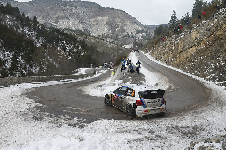 VW Polo WRC, snow, wrc, Monaco, rally cars, Volkswagen Polo, mountain pass, Sébastien Ogier, HD wallpaper
