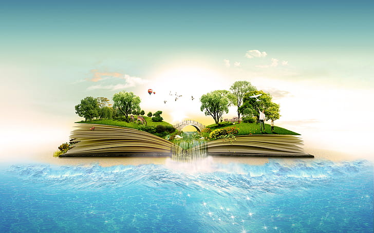 Artistiv, birds, books, forest, Islands, Jungle, landscapes, manipulation, nature, ocean, sea, Surreal, Trees, tropical, water, waterfall, HD wallpaper