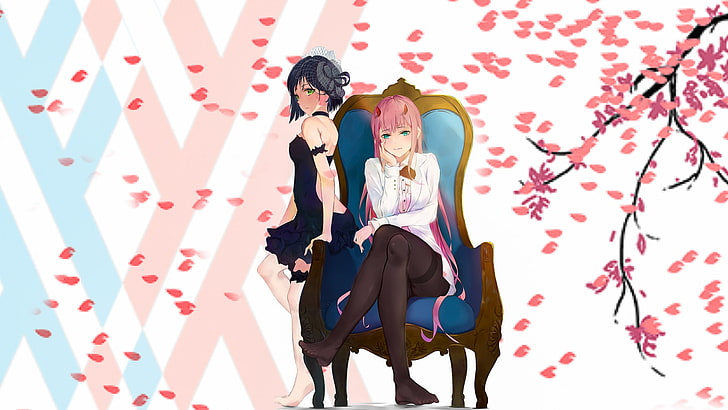 Anime, Darling in the FranXX, Cherry Blossom, Ichigo (Darling in the FranXX), Zero Two (Darling in the FranXX), HD wallpaper