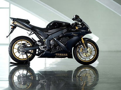 black Yamaha sport bike, yamaha yzf-r1, black, yamaha, motorcycle, reflection, HD wallpaper HD wallpaper