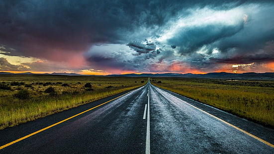 road, sky, cloud, horizon, cloudy, highway, infrastructure, field, stormy, clouds, asphalt, evening, road surface, landscape, HD wallpaper HD wallpaper