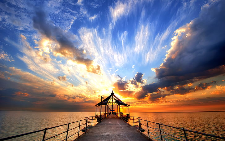 Pier, Sea, Sunset, Sky, Photography, beige dock, pier, sea, sunset, sky, photography, HD wallpaper