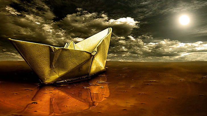 Paper Boat, paper boat illustration, water, boat, nature, paper, moon, 3d and abstract, HD wallpaper