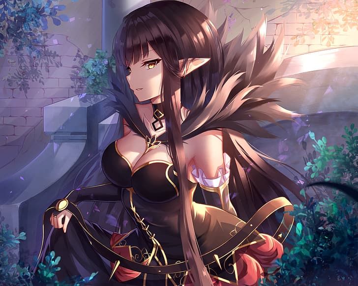 black hair, pointed ears, long hair, yellow eyes, cleavage, Assassin of Red (Semiramis) (Fate/Apocrypha), HD wallpaper