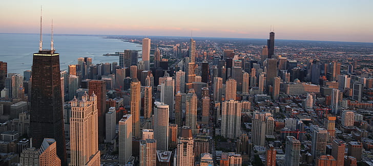 aerial photography of city building near ocean during day tim, chicago, chicago, Chicago Skyline, aerial photography, city building, ocean, day, tim, John Hancock, Center, Willis Tower, Sears Tower, skyscrapers, sunset, skyscraper, cityscape, urban Skyline, architecture, downtown District, new York City, city, uSA, urban Scene, manhattan - New York City, tower, famous Place, built Structure, building Exterior, aerial View, office Building, business, HD wallpaper
